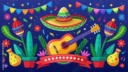 Colorful festive sombrero with traditional mexican patterns and tassels