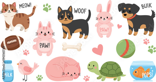 Cute Pet Animals Cartoon Set with Cat Dog Rabbit Turtle Bird Fish and Adorable Kids Clipart Vector