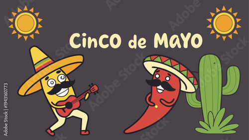 Colorful cinco de mayo celebration with chili pepper and cactus