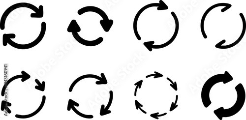 Nine black circular arrows with different rotation directions and styles