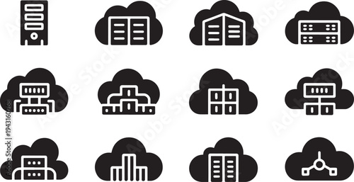 Black and white of buildings and servers on clouds