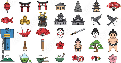 Japanese Culture Traditional Icon Set with Torii Gate Kimono Samurai Pagoda Sushi Sakura and Asian Symbols Vector