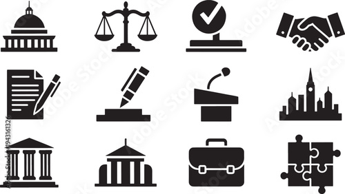 Black and white of government, law, business, and city concepts justice