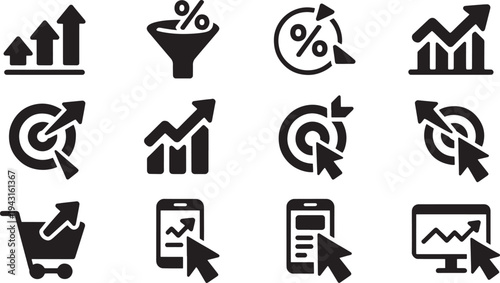 Black and white of growth charts, targets, and shopping carts with upward trends