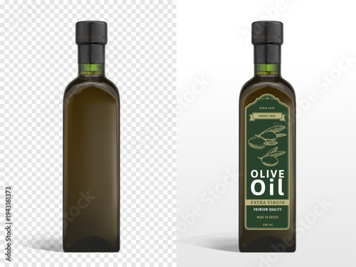 3D bottle of Olive Extra Virgin Oil isolated on white background. Vegetarian organic food. Vector Illustration.
