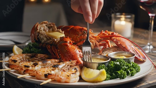 Close up of a seafood platter with lobster and shrimp