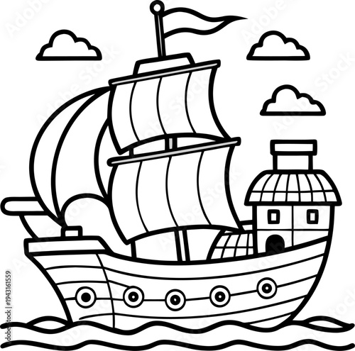 Pirate ship sailing in the ocean with treasure chest and waves, simple outline drawing for coloring book, white background