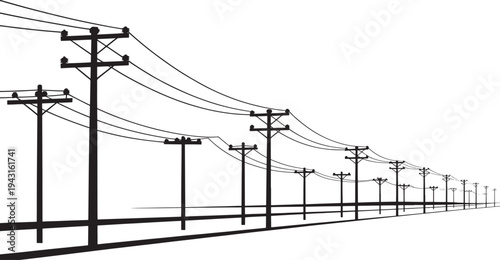 Black and white of utility poles and power lines along a road perspective