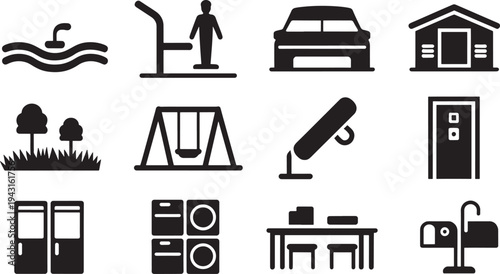 Black and white of various and activities including water, exercise, car, house, trees, swing