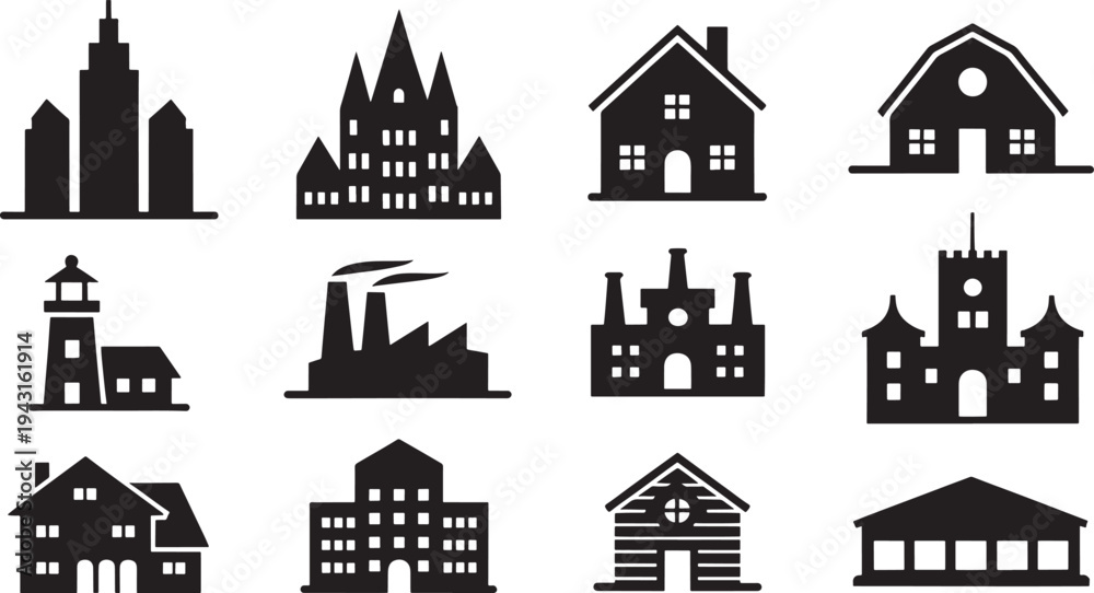 Fototapeta premium Black and white of various buildings and structures city skyscraper