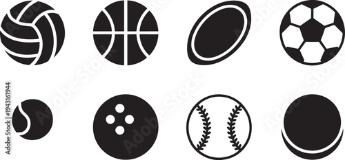 Black and white of various sports balls including volleyball, basketball, rugby, soccer