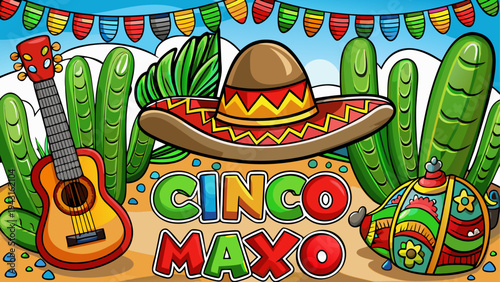 Colorful fiesta decorations with sombrero and maracas