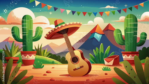 Dog wearing sunglasses relaxing under cacti in a desert landscape