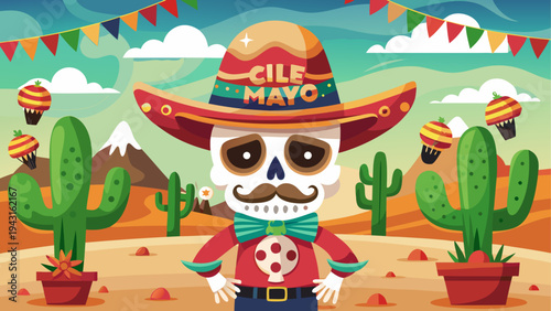 Colorful cartoon cactus character wearing a sombrero and poncho