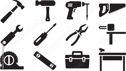 Black and white of various tools and a workbench hammer wrench