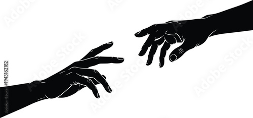 Minimalist silhouette illustration of two human hands reaching toward each other, inspired by creation art concept, connection and touch spirituality