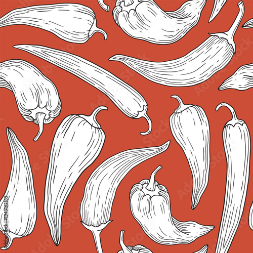 Hand-drawn seamless pattern of chili pepper, ramiro and jalapeno for ingredients or product design on red background