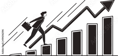  A determined businessman climbs a rising graph, symbolizing progress and success in the corporate world, capturing the drive for financial advancement.