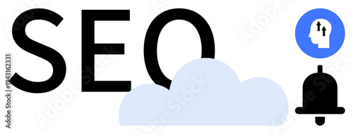 SEO concept. SEO alongside a cloud, notification bell, and upward growth icon. s optimization, online growth, and digital marketing strategies. Perfect for technology, marketing branding and web