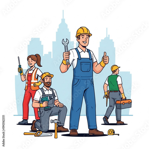 Construction Workers in Hardhats and Overalls.