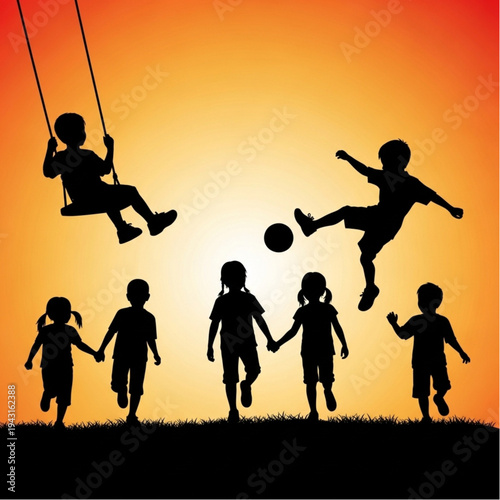 Children Playing Outside in Silhouette.