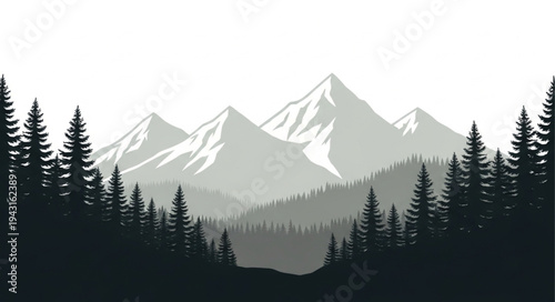 Mountain Range with Silhouetted Trees.