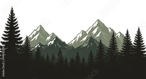 Mountain Range with Silhouetted Trees.