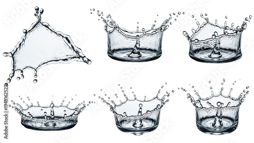 Water droplets splashing into liquid creating ripples and crowns on surface clear transparent fluid dynamics