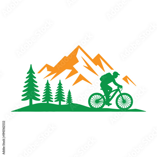 Mountain biker enjoying the scenic beauty of a sunlit landscape with pine trees and peaks