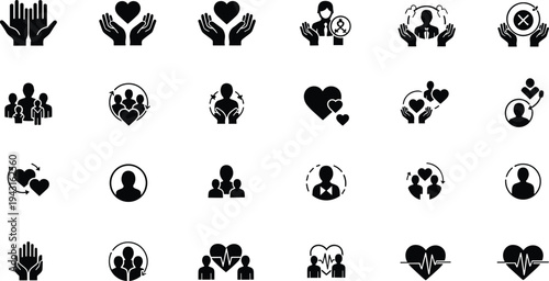 Healthcare icons, wellness silhouettes, family care, community support, medical heart symbols, social services, compassion, unity, emotional well‑being, charity, teamwork