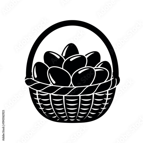 Basket full of fresh eggs black and white illustration.