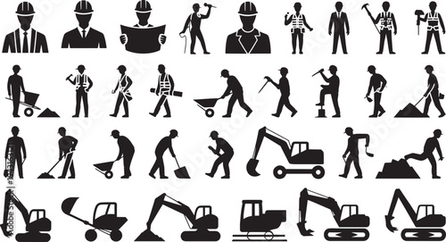 Black silhouettes of construction workers and heavy machinery on white background 1