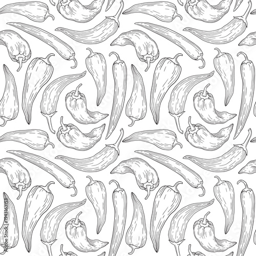 Seamless pattern of chili pepper, ramiro and jalapeno for ingredients or product design on red background