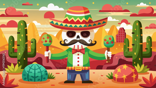 Colorful skeleton character wearing a sombrero and poncho