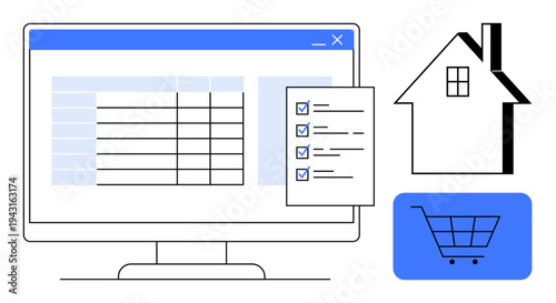 Real estate, eCommerce, property management, task organization, data recordkeeping, digital tools. A computer monitor with a checklist, house icon and shopping cart. Real estate and eCommerce