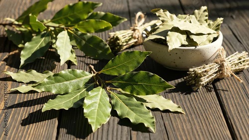 Close up of fresh and dried bay leaves on rustic wooden surface