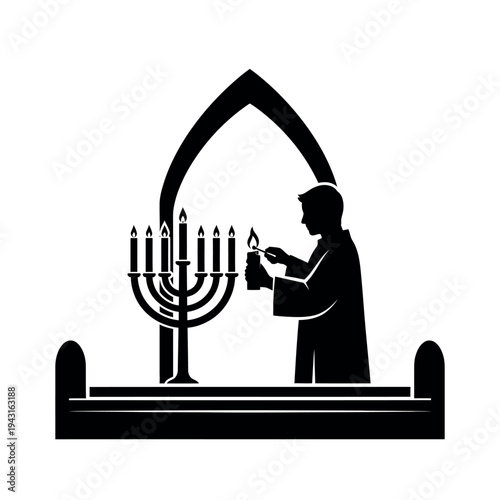 Man lighting menorah in synagogue silhouette.
