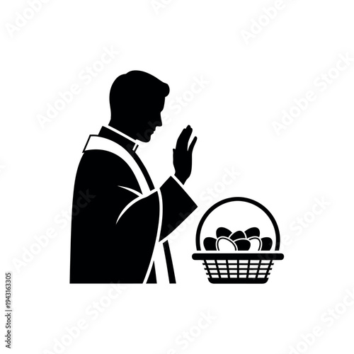 Priest blessing Easter basket with eggs.