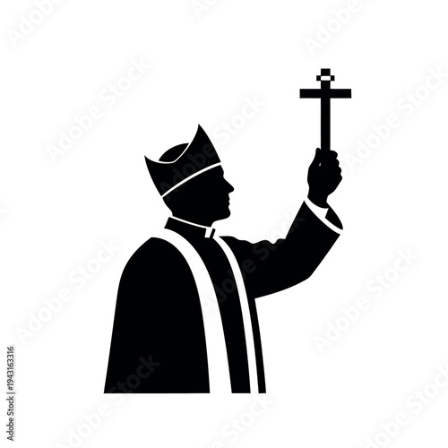 Religious figure holding cross silhouette.