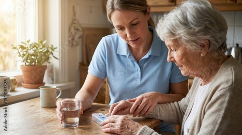 Caregiver helping elderly woman take medication at home kitchen table