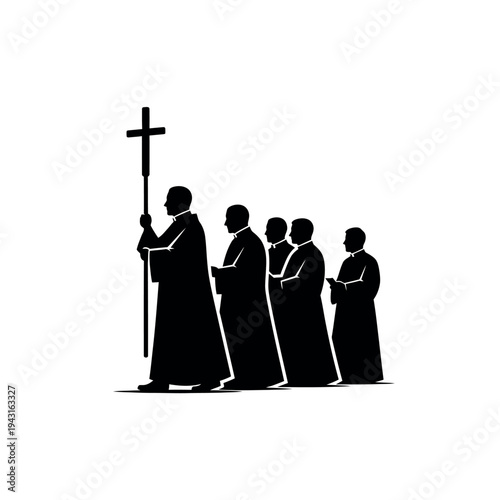 Religious procession with priests carrying a cross.