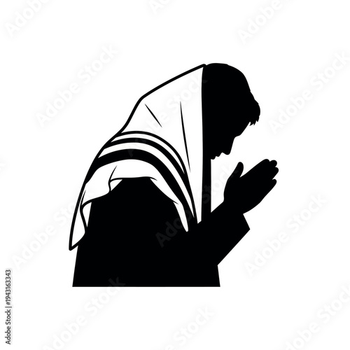 Silhouette of a Jewish man praying with a tallit.