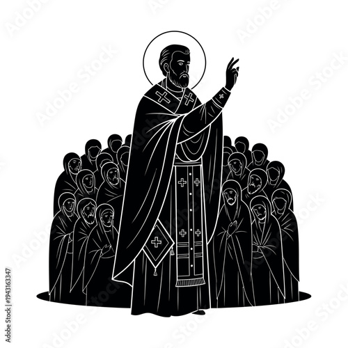 Saint preaching to a crowd of followers religious sermon illustration.