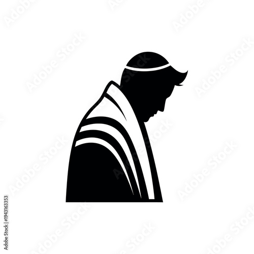 Silhouette of a Jewish man praying with tallit and kippah.