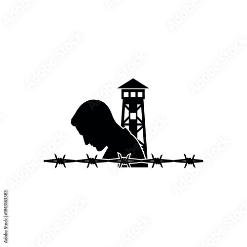 Silhouette of a person behind barbed wire with a watchtower in the background.