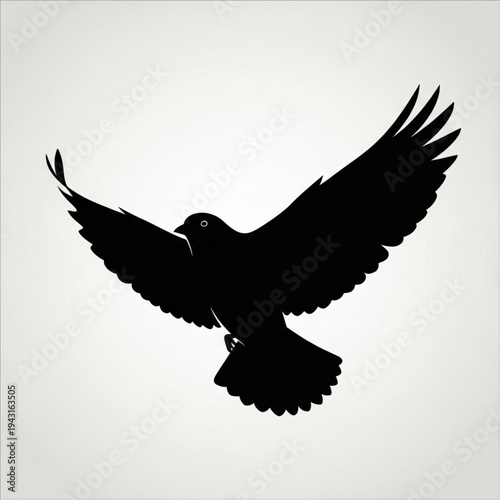Black Bird Silhouette Flying with Spread Wings.