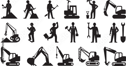 Black silhouettes of construction workers and heavy machinery on white background