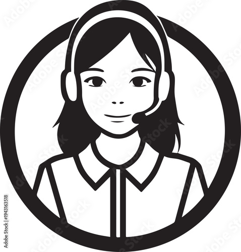 Hand Drawn Female Customer Service Agent Black and White Avatar Illustration in Minimal Line Art Style Design
