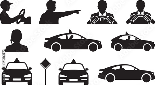 Black silhouettes of people driving cars and pointing with vehicles and stop sign