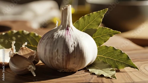 Close up of garlic bulb and cloves with bay leaves on wooden surface